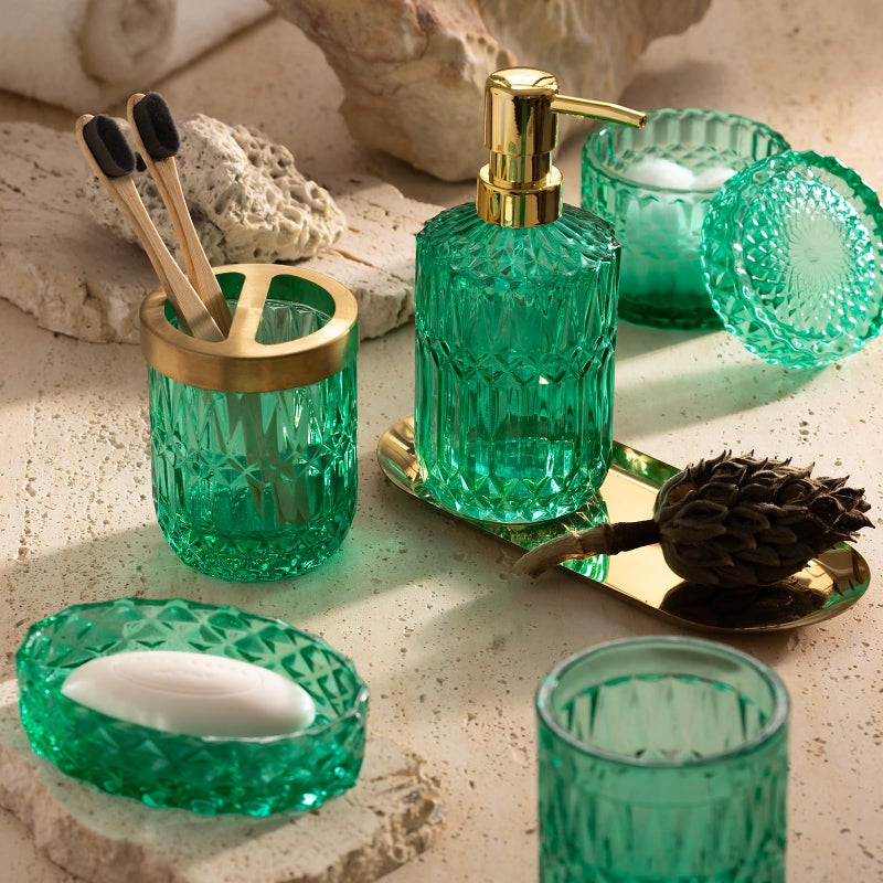 EMPO 6PCS Bathroom Clear Glass Accessories Set (Lotion Soap Dispenser  Soap Dish  Toothbrush Holder  Tumbler  Cotton Swab Jar)  Contemporary Modern Decor Crystal Vintage Gift (6pcs Vintage Jade) - Image 3